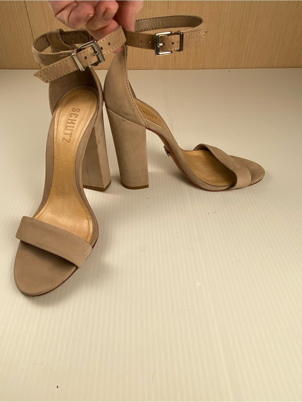 Schutz Taupe Suede Block Heel Ankle Strap Sandals Women’s Size 7B Leather Brazil
